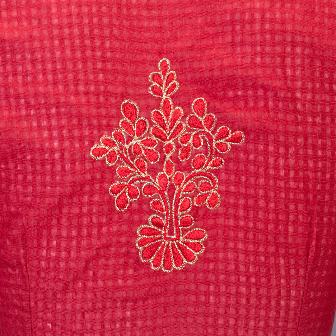 Red Slub Cotton Embroidered Blouse