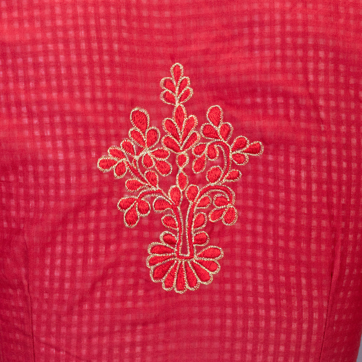 Red Slub Cotton Embroidered Blouse