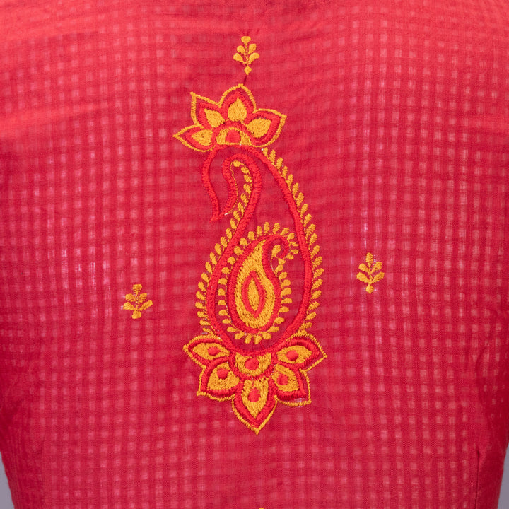 Red Slub Cotton Embroidered Blouse