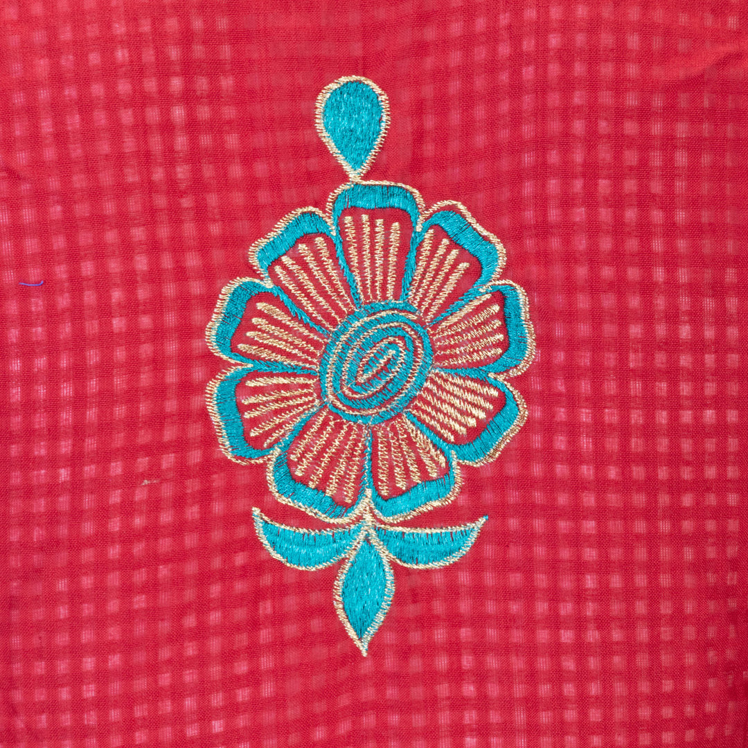 Red Slub Cotton Embroidered Blouse