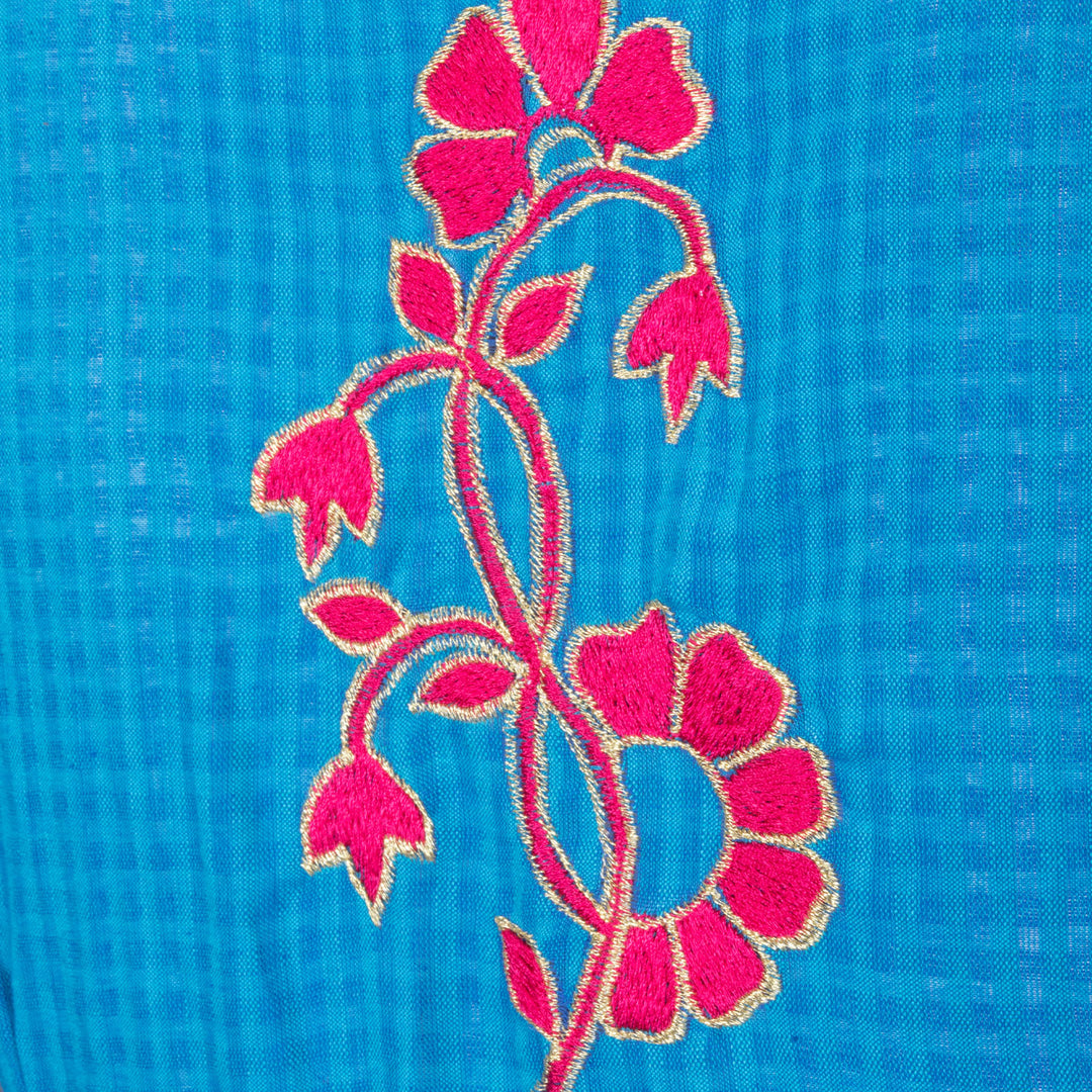 Blue Slub Cotton Embroidered Blouse