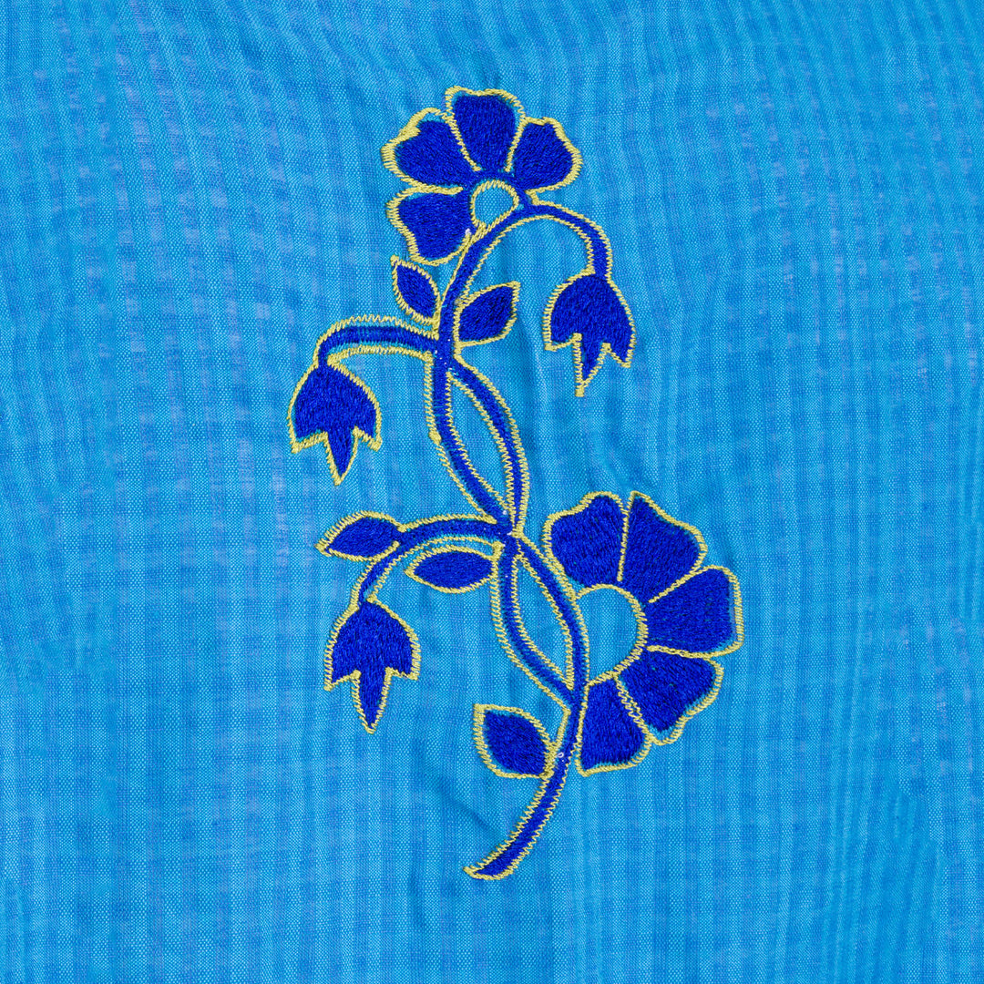 Blue Slub Cotton Embroidered Blouse 