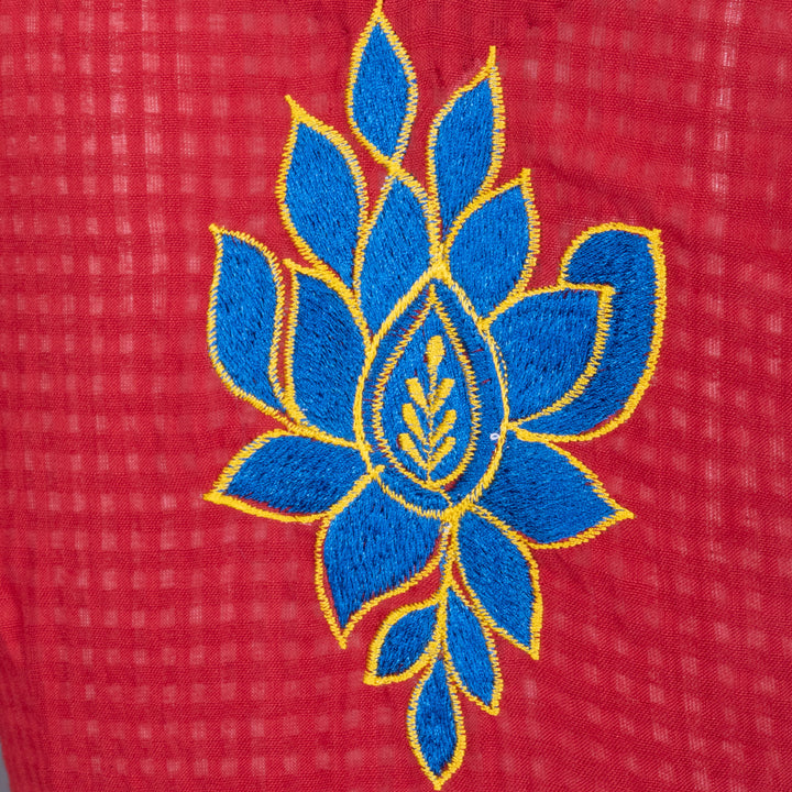 Red Slub Cotton Embroidered Blouse 