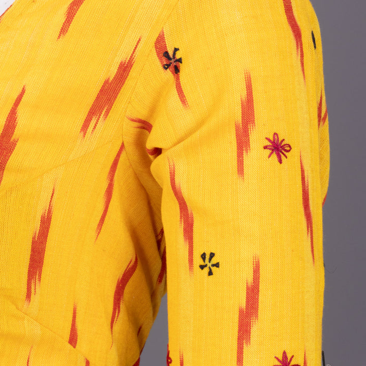 Yellow Ikat Mirror Work Embroidered Cotton Blouse