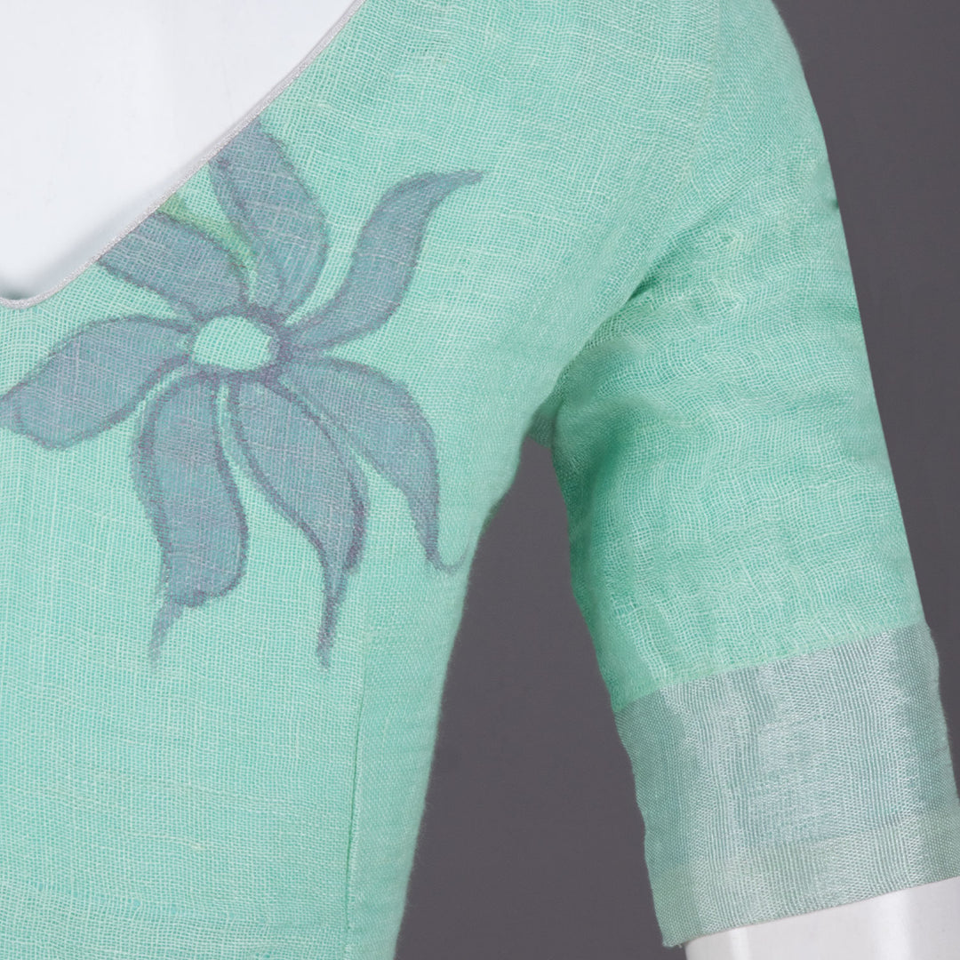 Pista Green Hand Block Printed Linen Blouse 