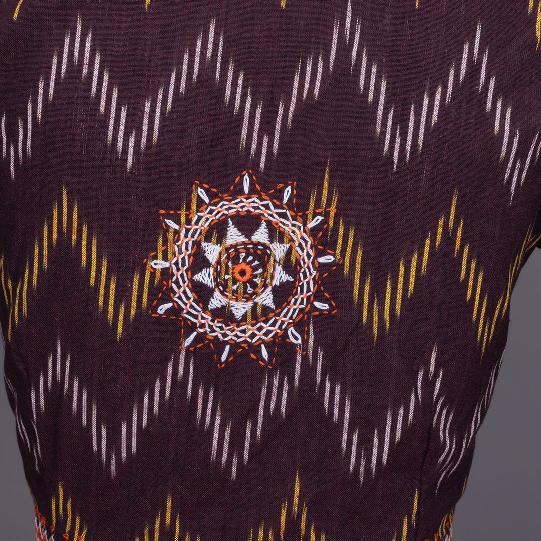 Brown Ikat Mirror Work Embroidered Cotton Blouse 10072474