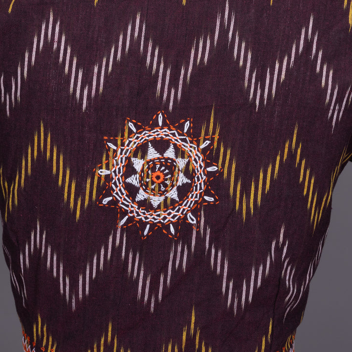 Brown Ikat Mirror Work Embroidered Cotton Blouse 10072474