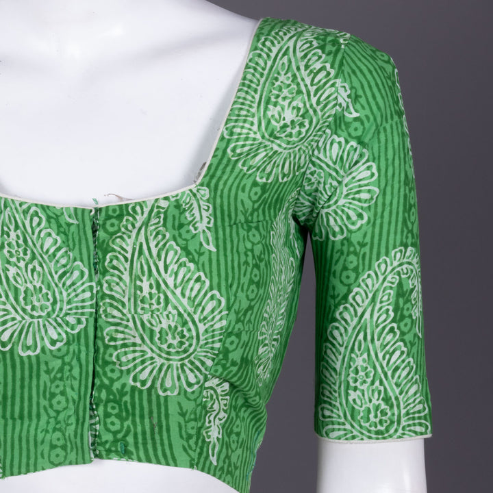 Green Hand Block Printed cotton Blouse 10072512