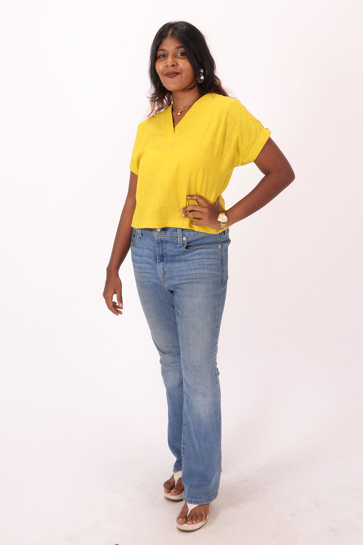 Yellow Handcrafted Slub Cotton Crop Top 10073152