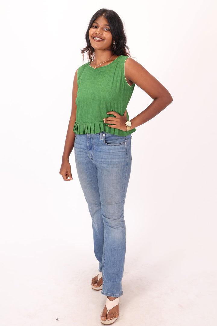 Green Handcrafted Oxford Cotton Crop Top 10073249