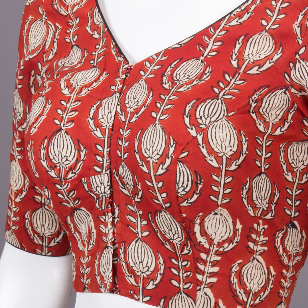 Red Hand Block Printed Cotton Blouse 10073314