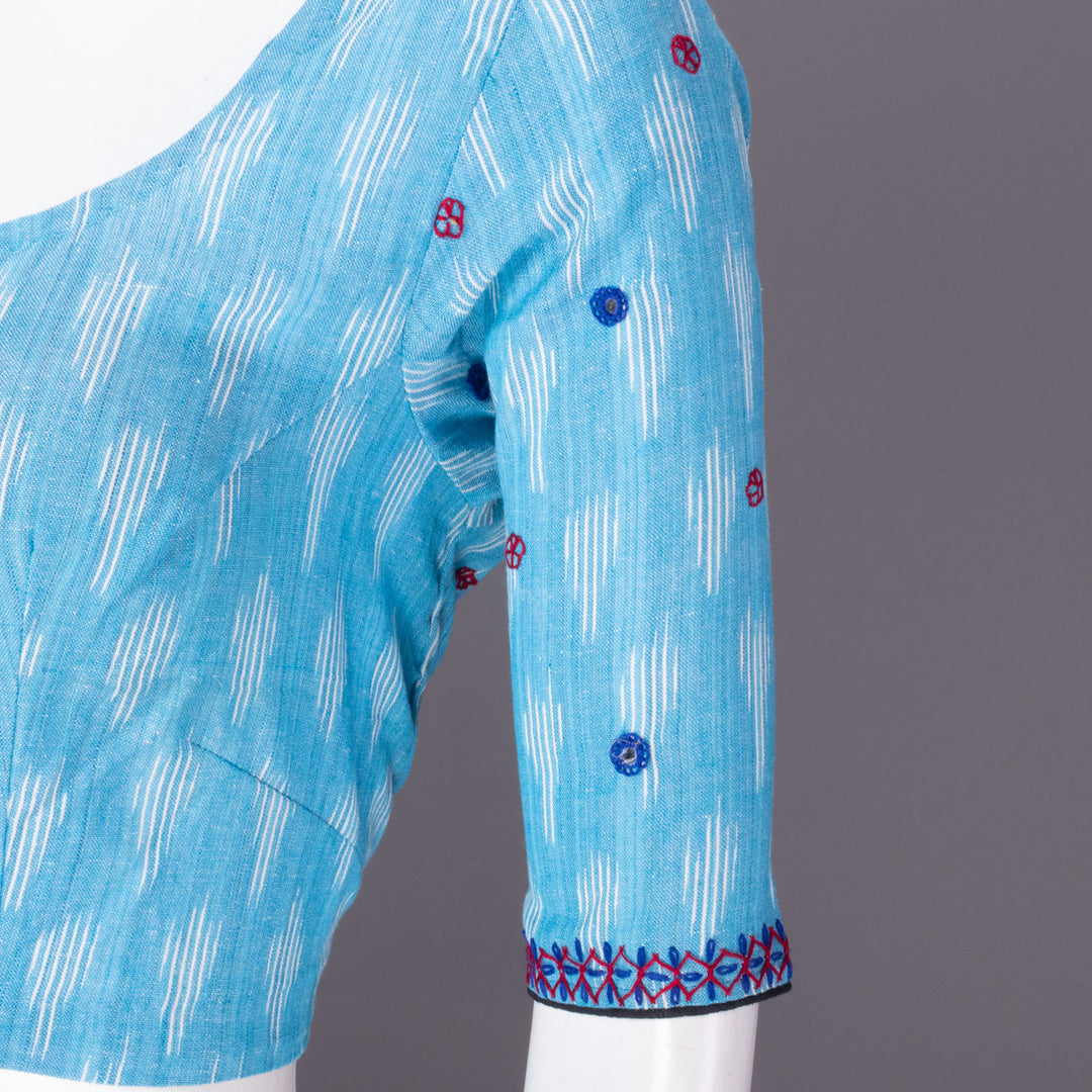 Blue Mirror Work Pochampally Ikat Cotton Blouse 10073396