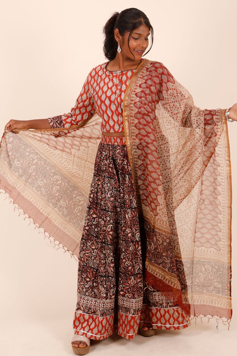 Orange Hand Block Printed Cotton Chaniya Choli With Kota Doria Dupatta 10066309 - Avishya