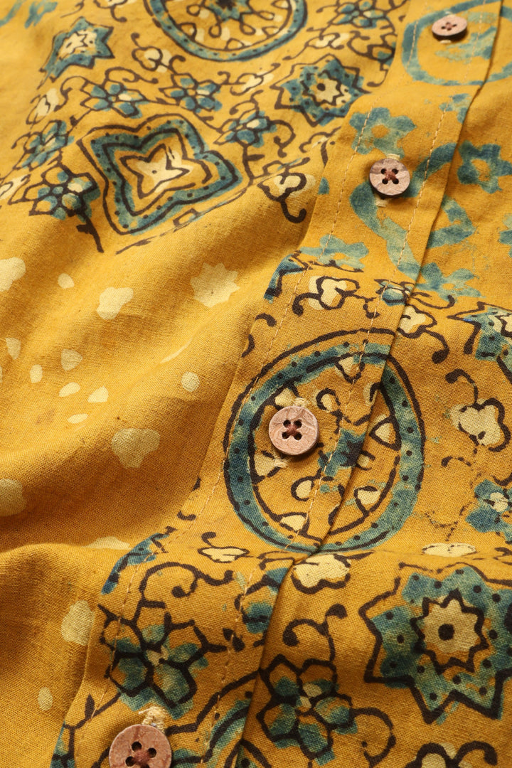 Yellow Half Sleeve Ajrakh Printed Cotton Mens Shirt 10072716