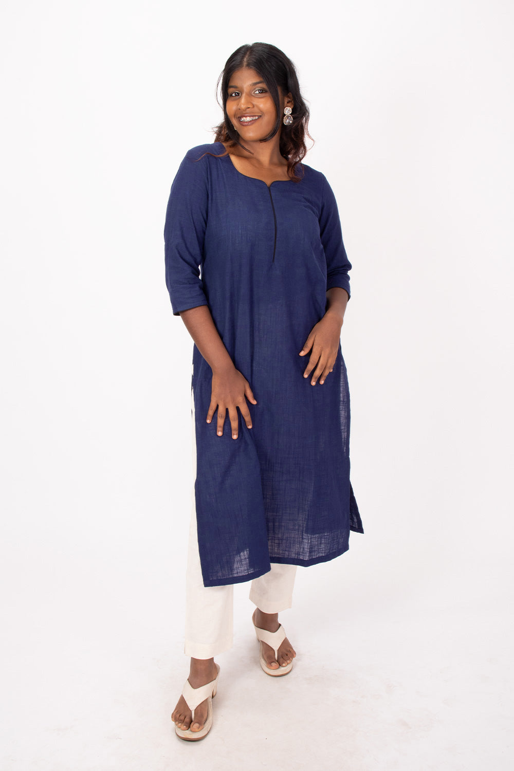 Blue Handcrafted Slub Cotton Kurta 10073153