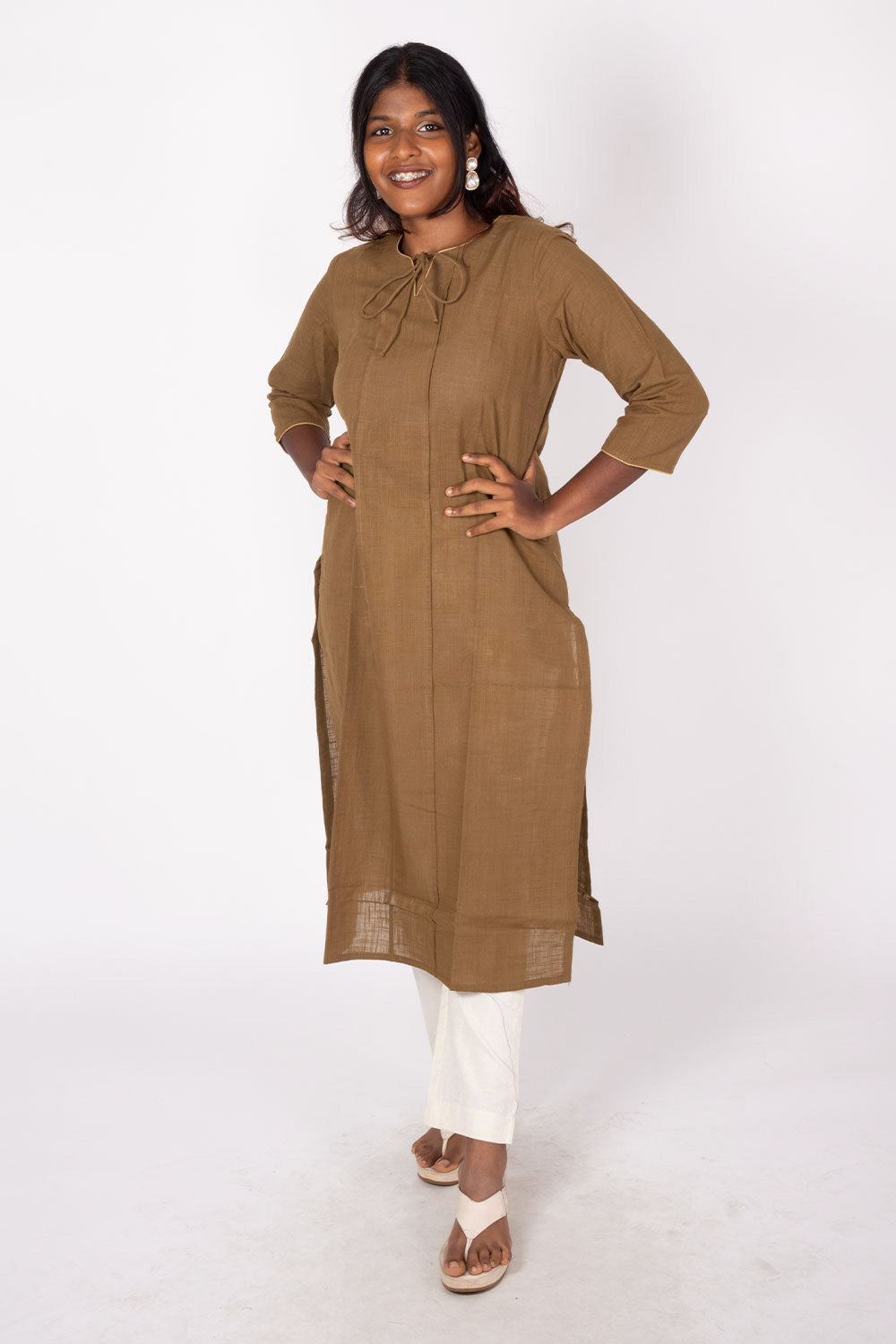 Brown Handcrafted Slub Cotton Kurta 10073251