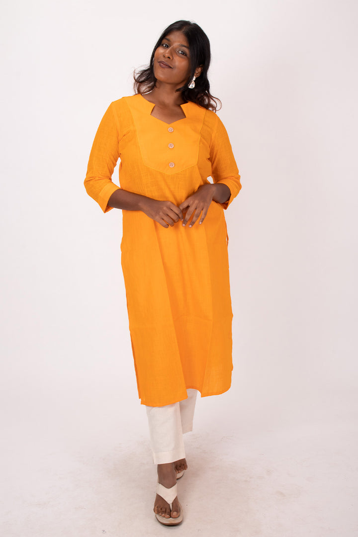 Yellow Handcrafted Slub Cotton Kurta 10073252