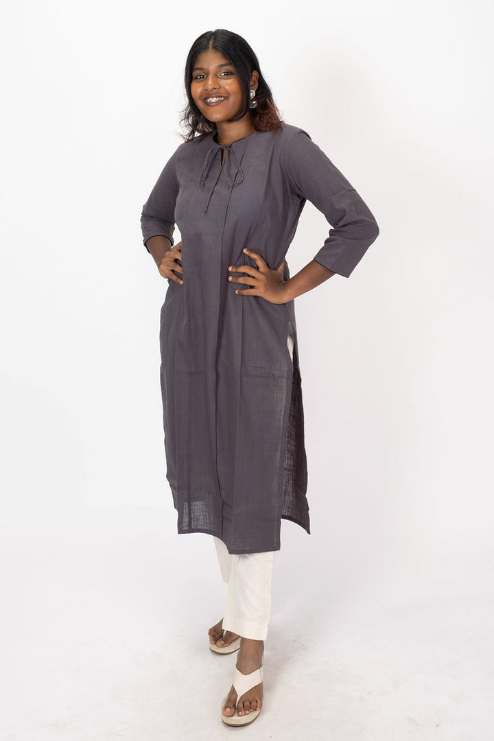 Grey Handcrafted Slub Cotton Kurta 10073253