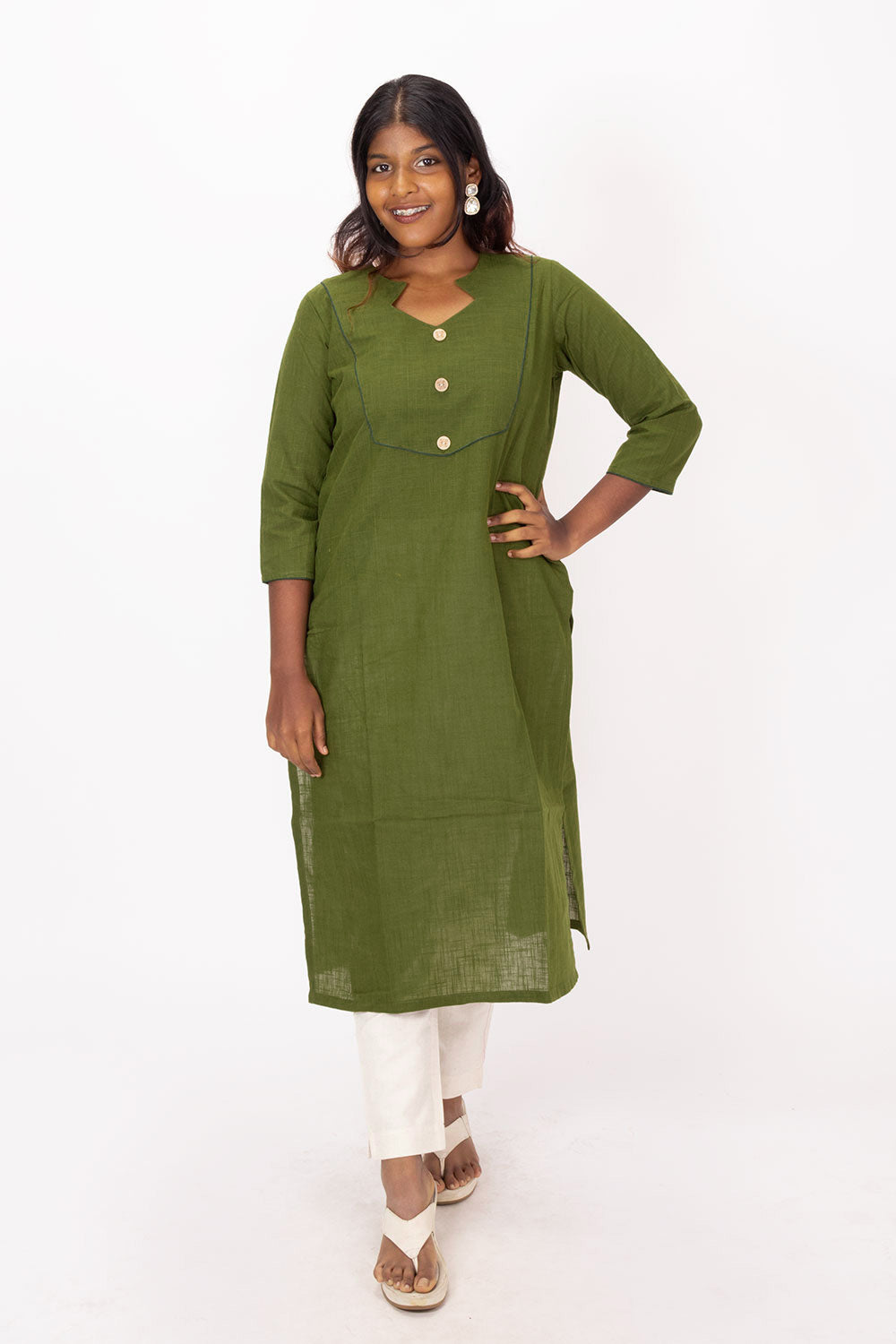 Green Handcrafted Slub Cotton Kurta 10073258