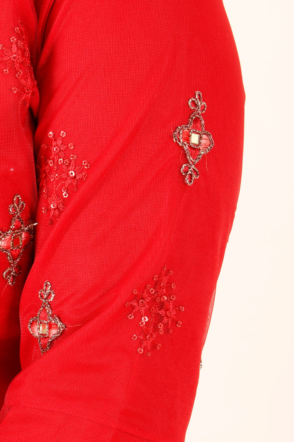 Red Net Silk Embroidered Lehenga