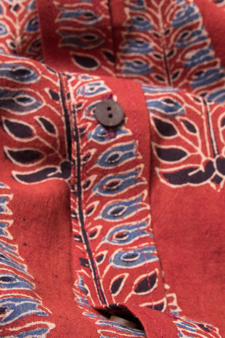 Red Full Sleeve Ajrakh Printed Cotton Mens Shirt