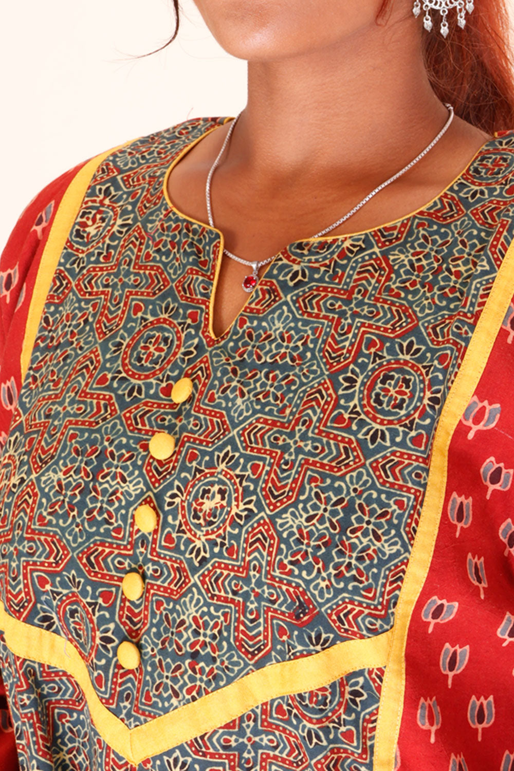 Red Ajrakh Printed Cotton Kurta 10067398