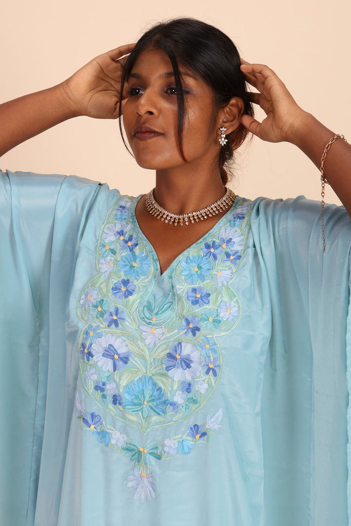 Blue Sozni Embroidered Crepe Silk Kaftan