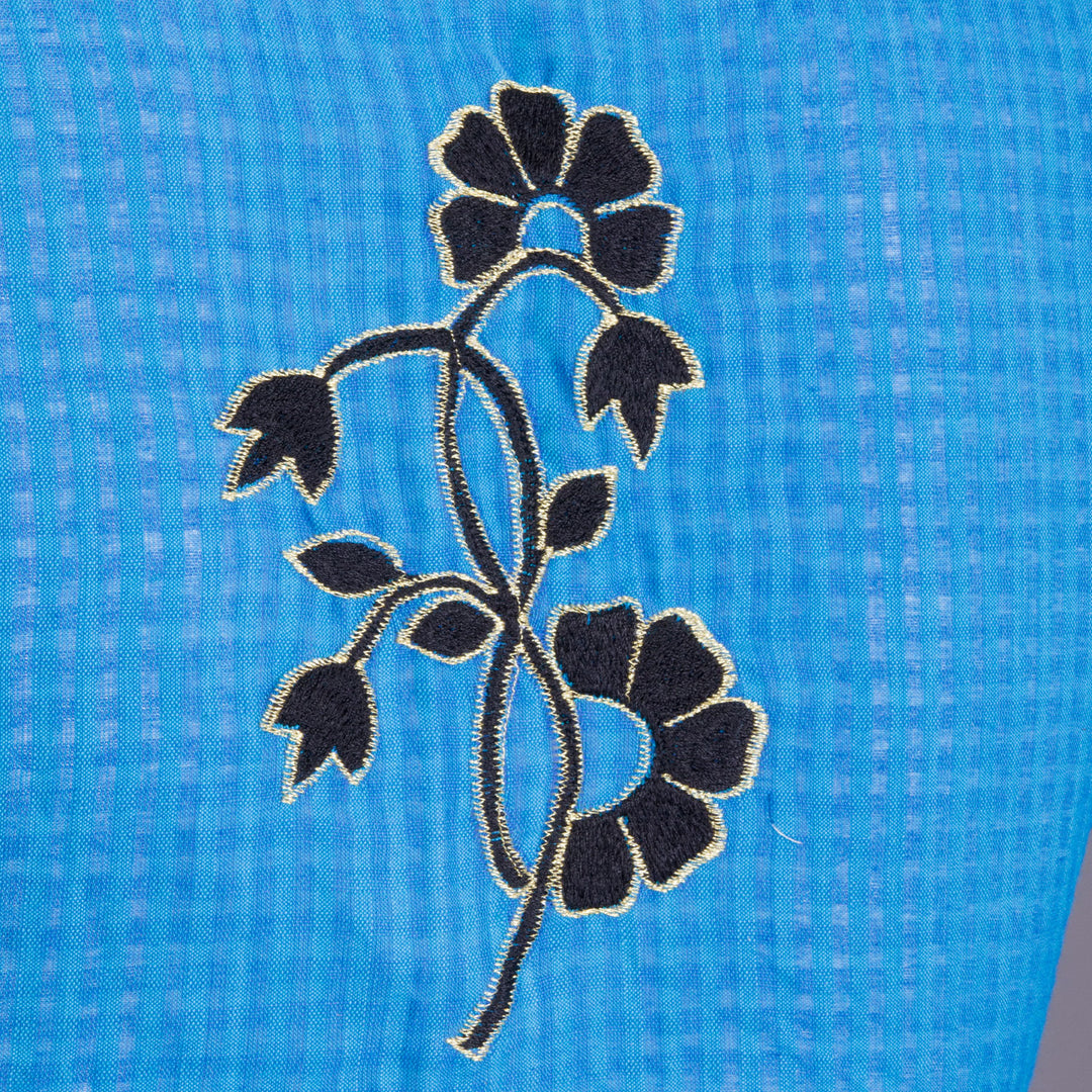 Blue Slub Cotton Embroidered Blouse