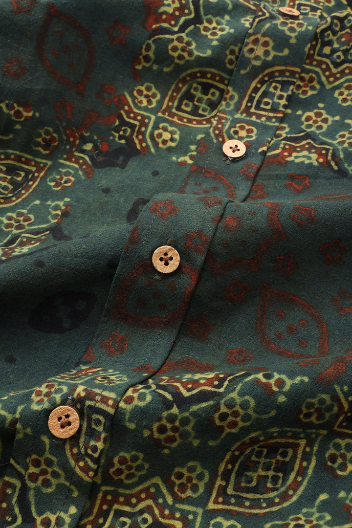 Green Half Sleeve Ajrakh Printed Cotton Mens Shirt 10073054