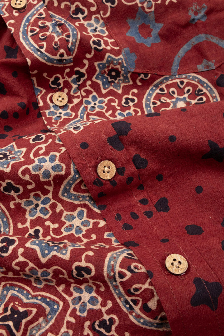 Red Half Sleeve Ajrakh Printed Cotton Mens Shirt 10073060