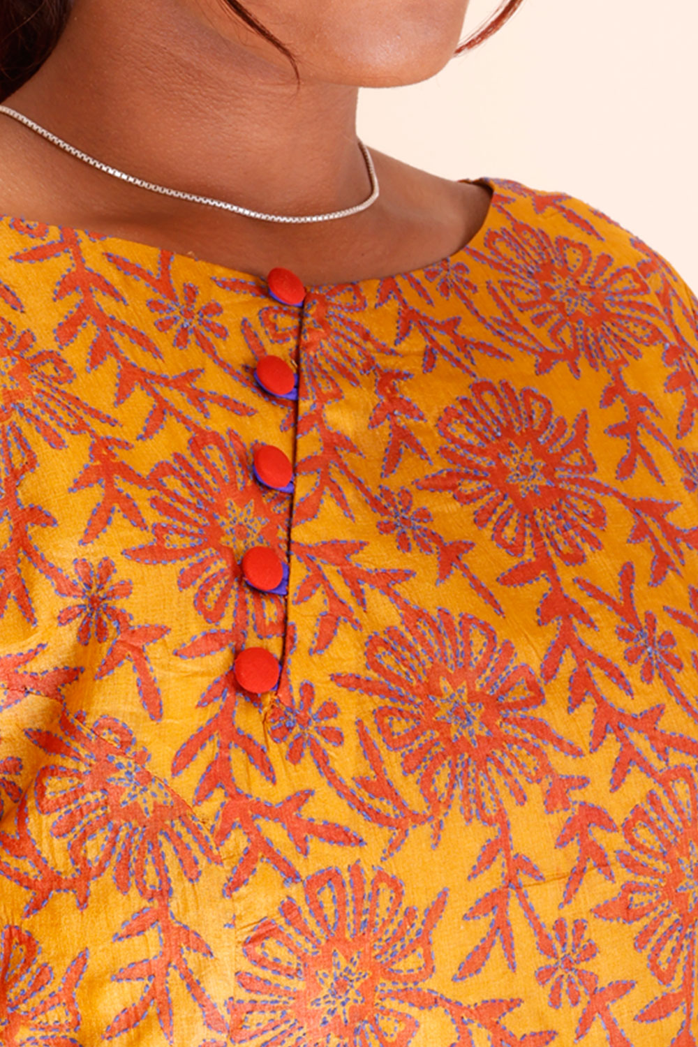Yellow Kantha Embroidered Tussar Silk Kurta 10064087