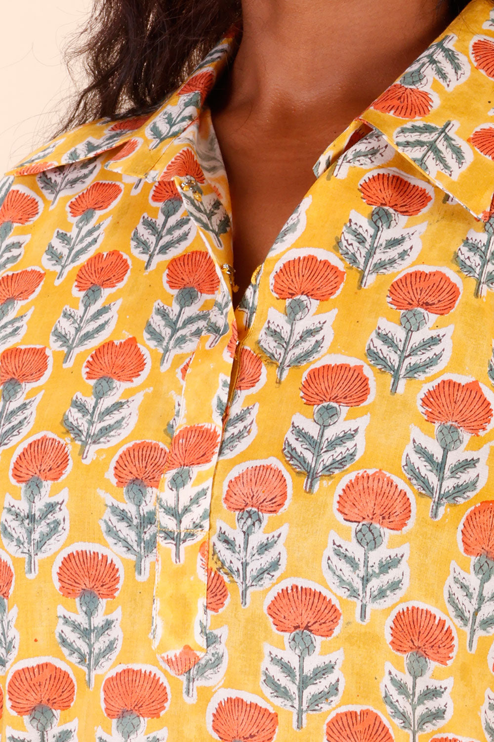 Yellow Handblock Printed Cotton Kurta