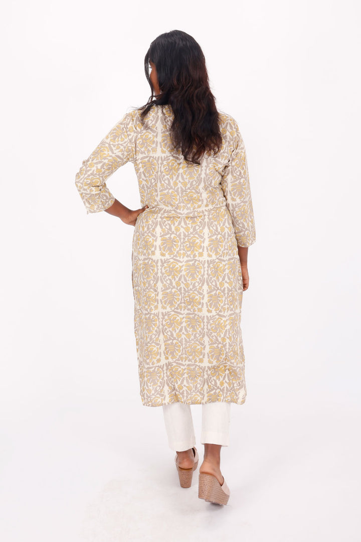 Beige Handblock Vanaspati Printed Cotton Kurta