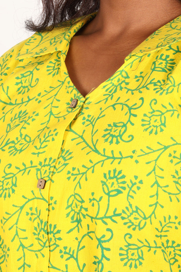 Yellow Gamthi Print Cotton Kurti 