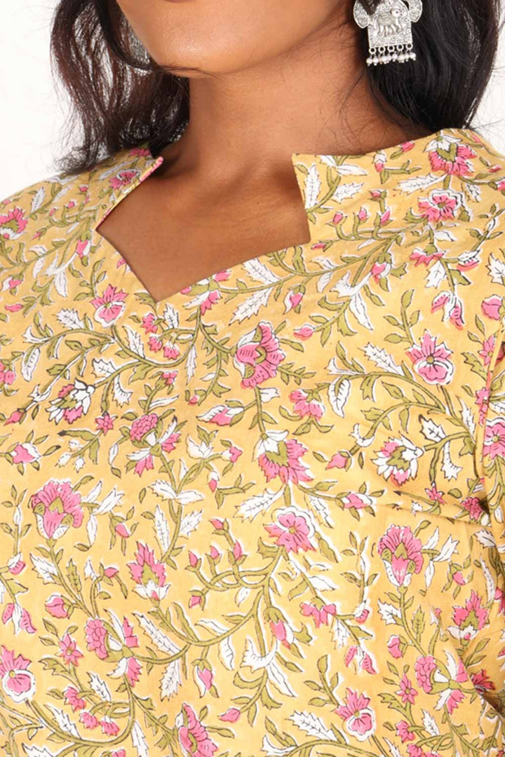 Yellow Hand Block Printed Cotton Kurti