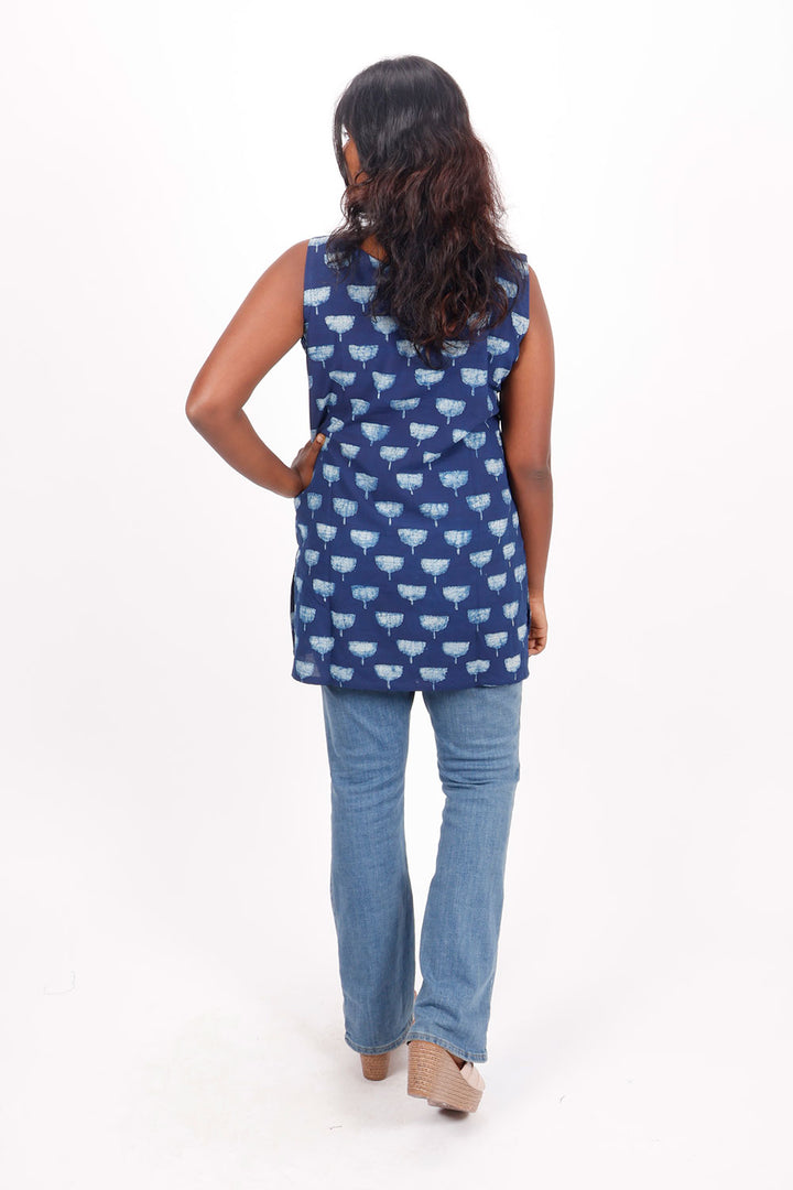 Indigo Hand Block Printed Cotton Kurti 10072372