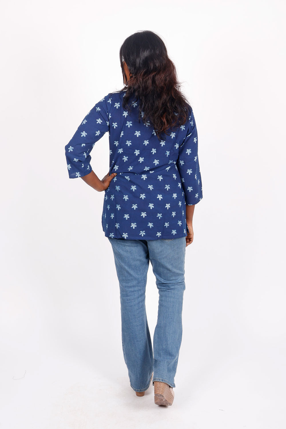 Indigo Hand Block Printed Cotton Kurti 10072373