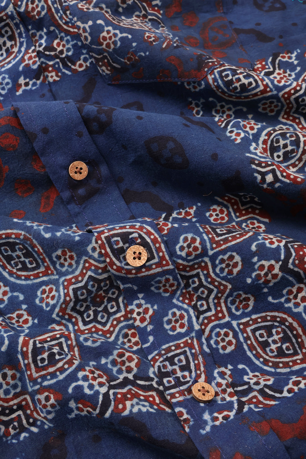 Blue Half Sleeve Ajrakh Printed Cotton Mens Shirt 10073048