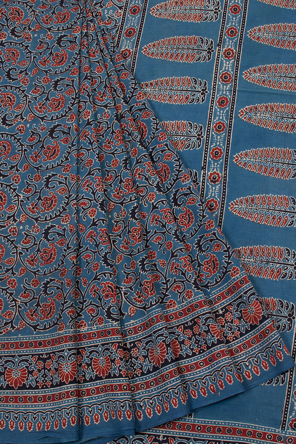 River Bed Blue Ajrakh Printed Handspun Cotton Saree 10062885