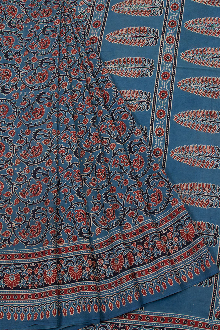 River Bed Blue Ajrakh Printed Handspun Cotton Saree 10062885