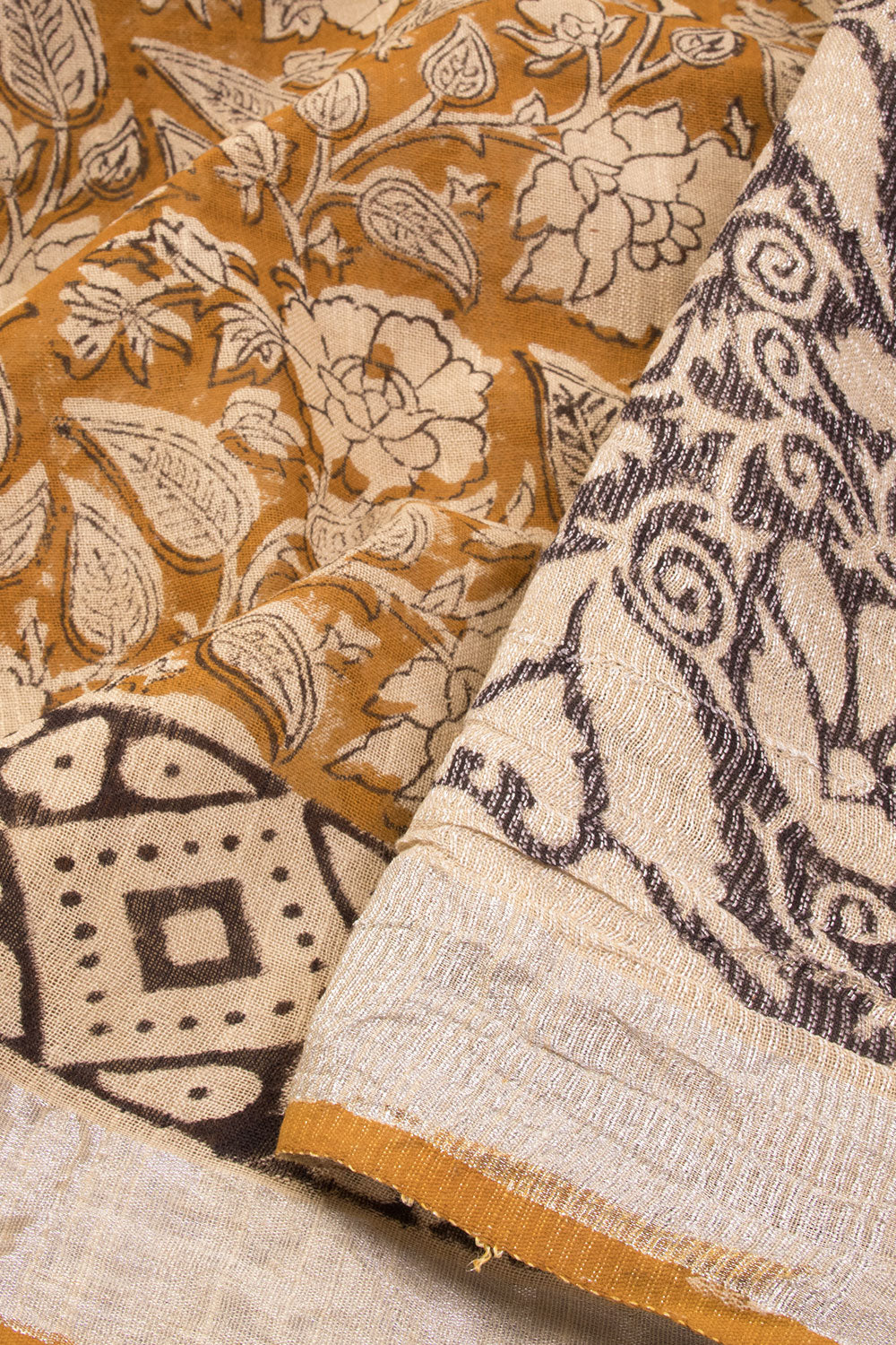 Yellow Hand Block Printed linen saree