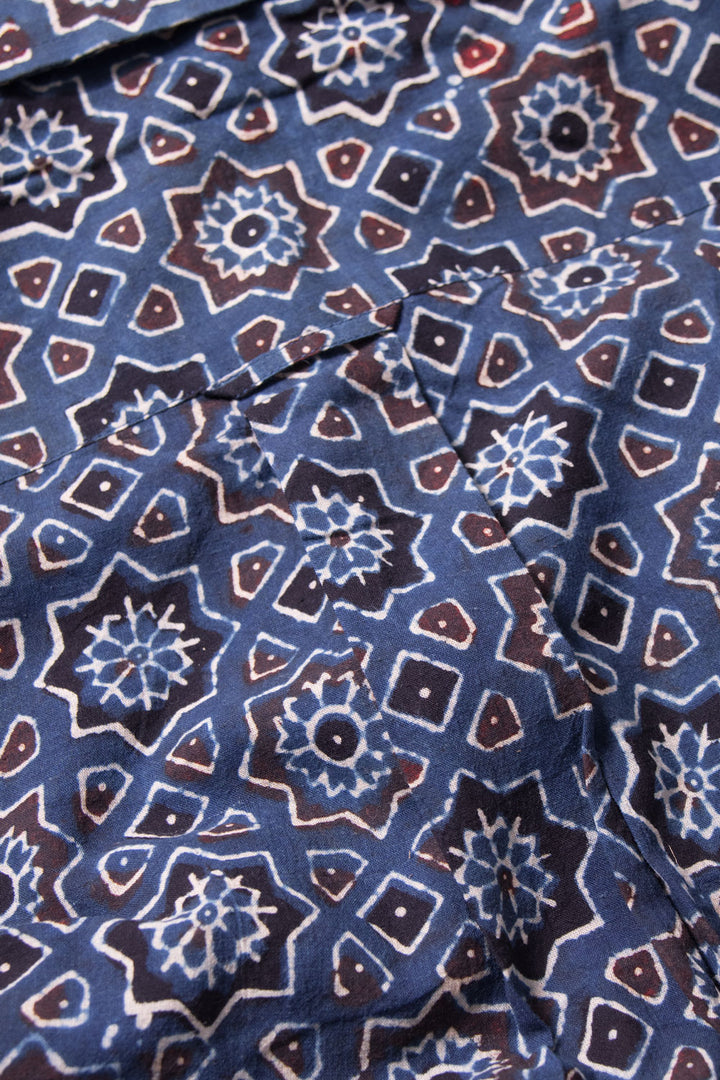 Blue Half Sleeve Ajrakh Printed Cotton Mens Shirt