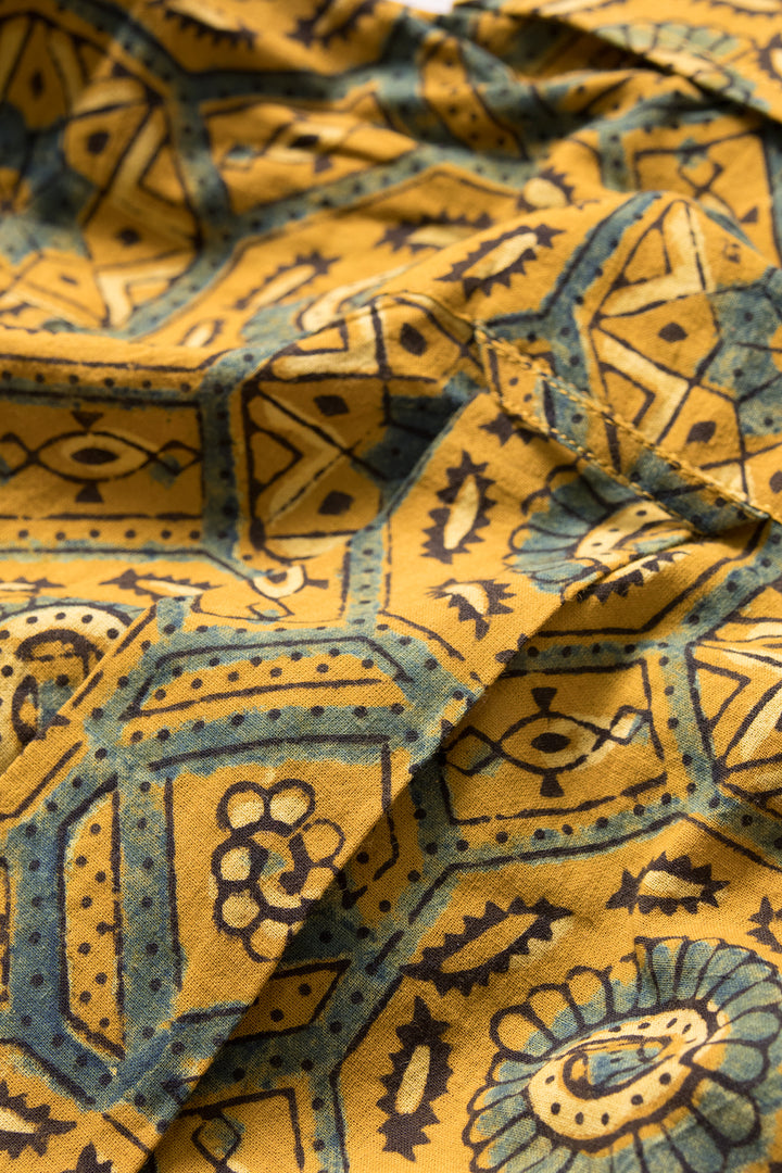 Yellow Full Sleeve Ajrakh Printed Cotton Mens Shirt