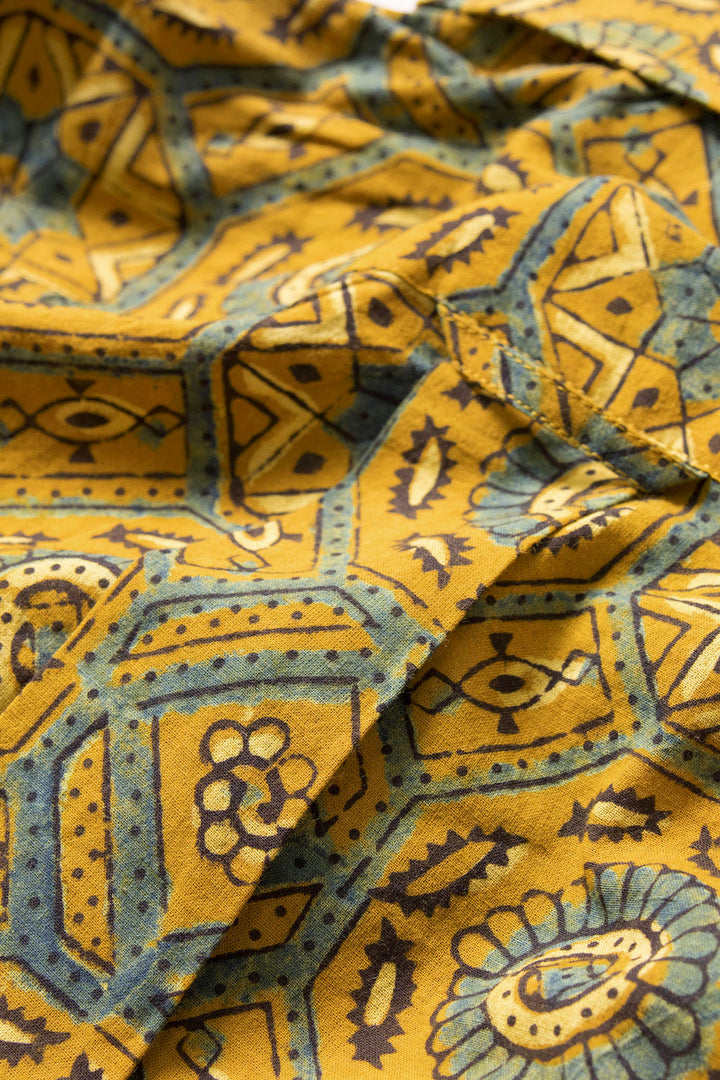 Yellow Half Sleeve Ajrakh Printed Cotton Mens Shirt