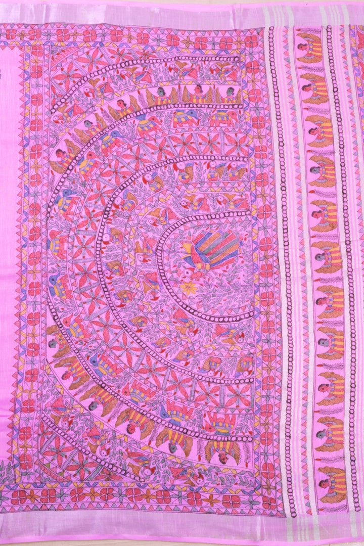 Pink Hand Painted Madhubani Linen Saree 10072727 