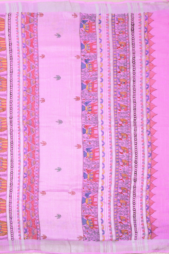 Pink Hand Painted Madhubani Linen Saree 10072727 