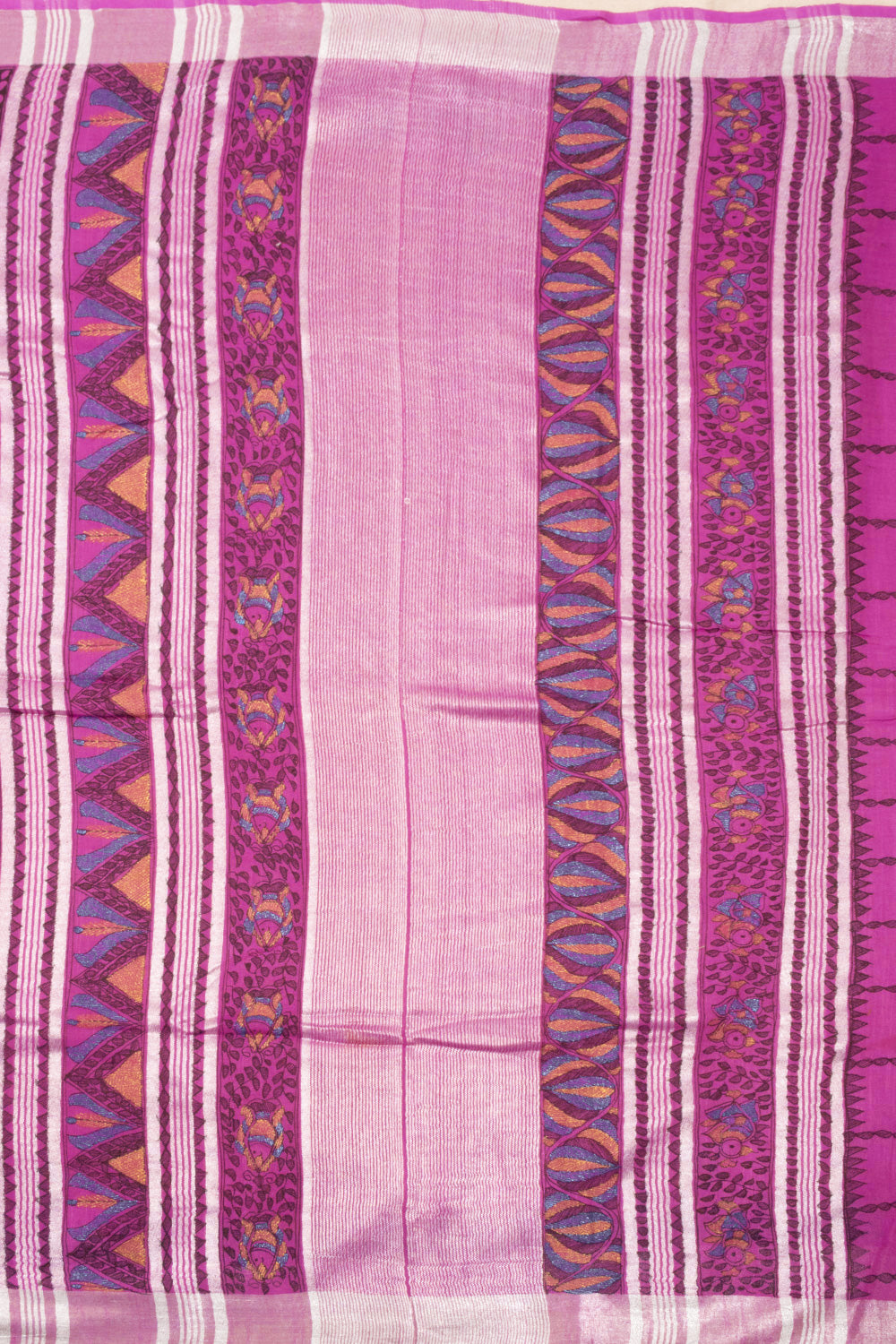 Pink Hand Painted Madhubani Linen Saree 10072728