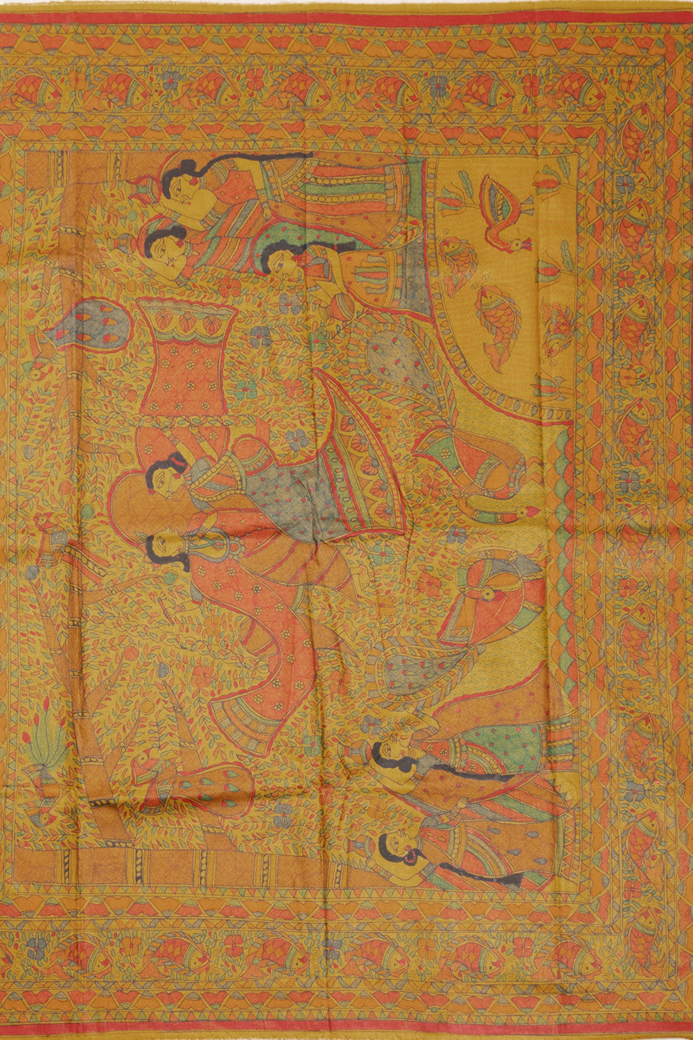 Yellow Hand Painted Madhubani Tussar Silk Saree 10072733