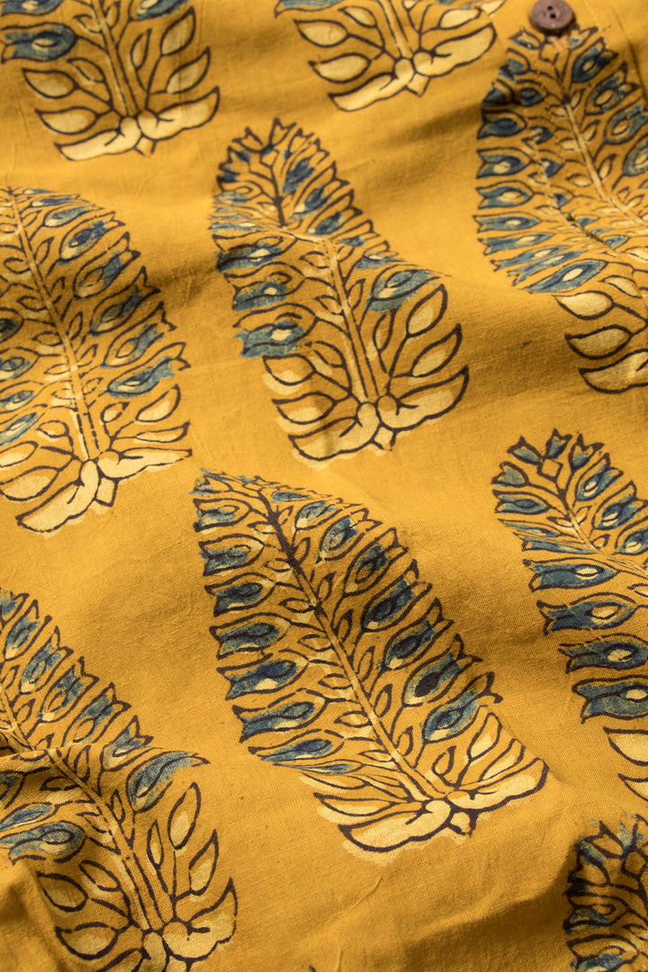 Mustard Yellow Full Sleeve Ajrakh Printed Cotton Mens Shirt