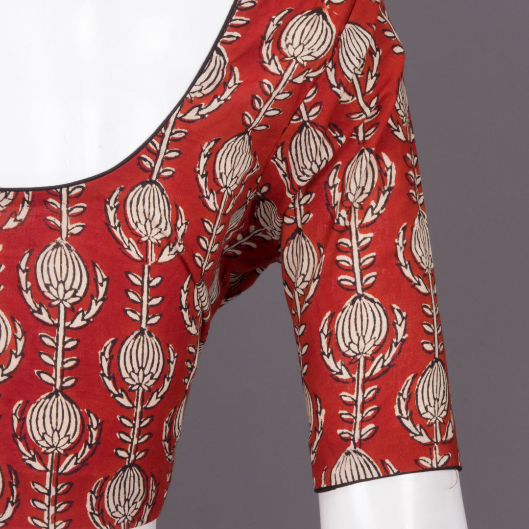 Red Hand Block Printed Cotton Blouse 10073313